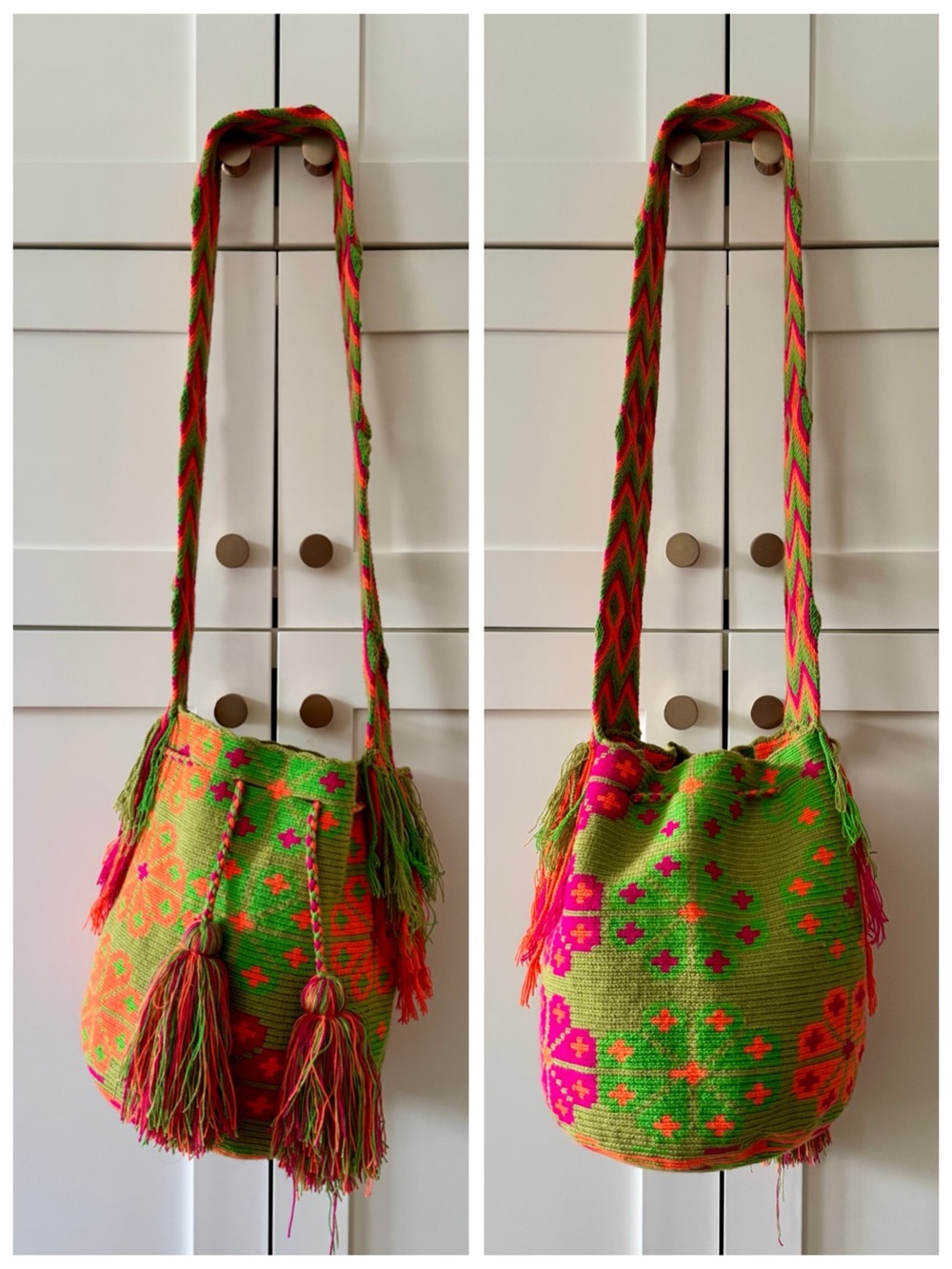 Colombian Wayuu Mochila Crossbody Bag | Green & Neon Pink Knit (Handwoven Boho) - Picture 3 of 17